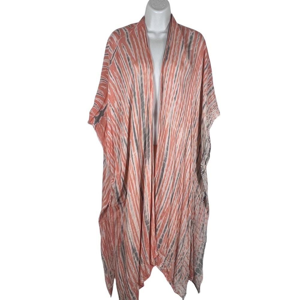 Soft Surroundings Orange Gray Kimono Robe‎ Coverup Cardigan Rayon OS One Size